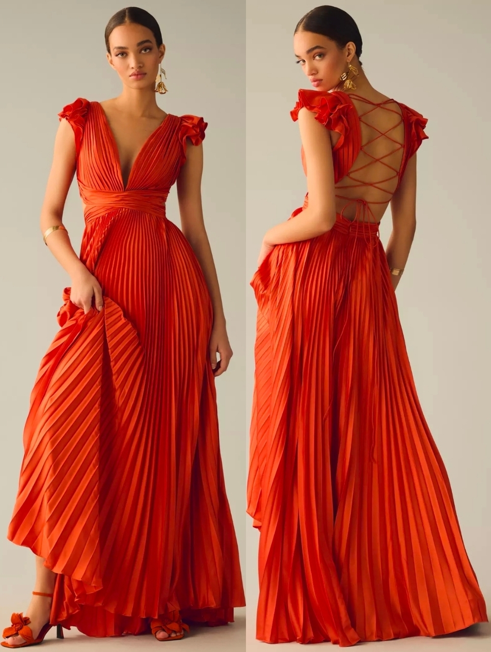 Mac Duggal Orange 26729 Pleated Flutter-Sleeve Deep-V Lace-Up Maxi Gown